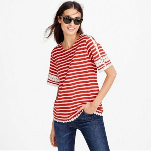 J. Crew Lace Embroidered Top In Red White Stripe - Picture 2 of 8